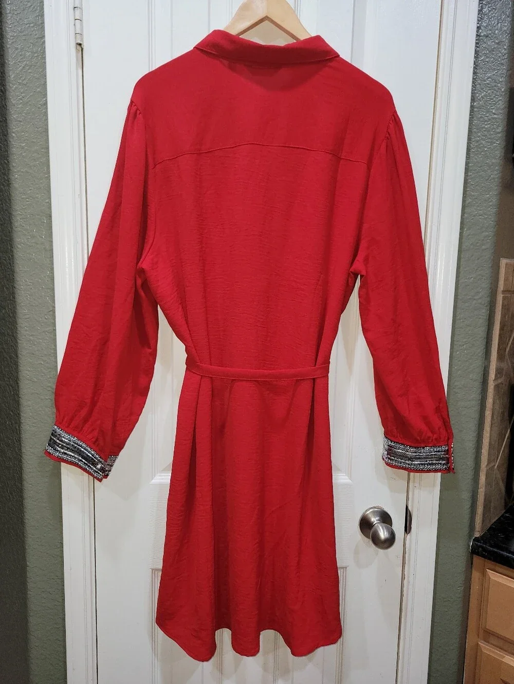Mlle Gabrielle NWT Red Button Front Midi Dress 2X Embellished Cuffs